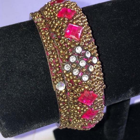 Bronze Color Seed Bead Pink Rhinestones Chunky Retro Bangle Bracelets - Picture 1 of 6